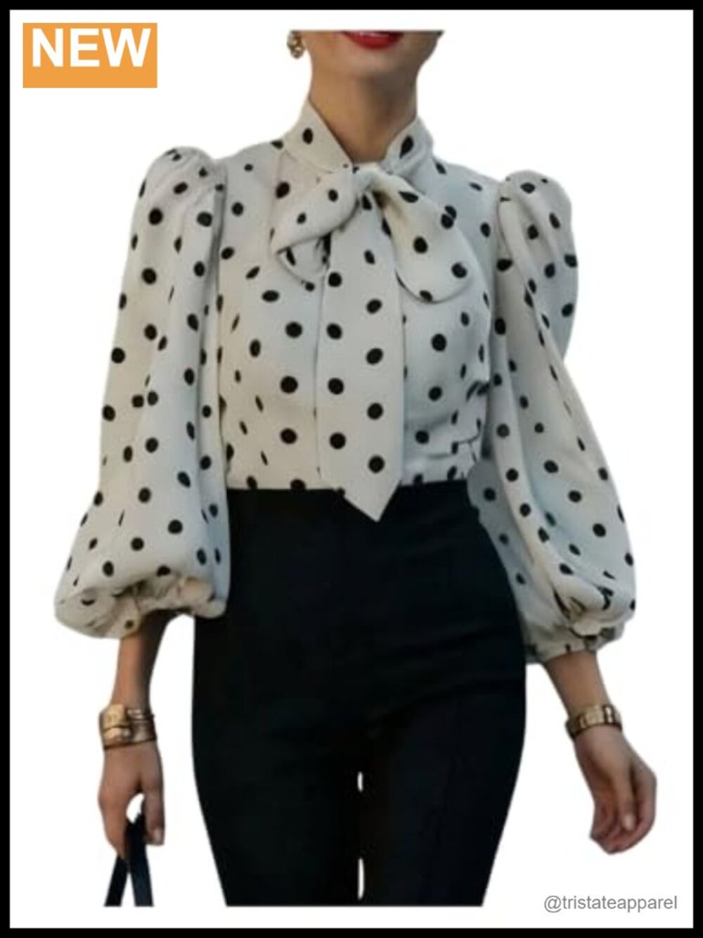 Women's Polka Dots Bow Tie Neck 3/4 Sleeve Blouse Silk Satin Pull On